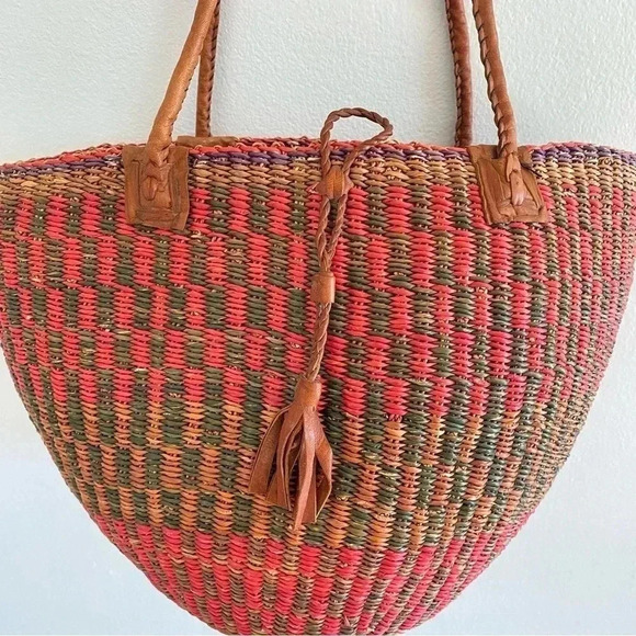 Jute Woven Colorful Rounded Bag Leather Straps Natural Grass Summer Beach - Picture 9 of 10